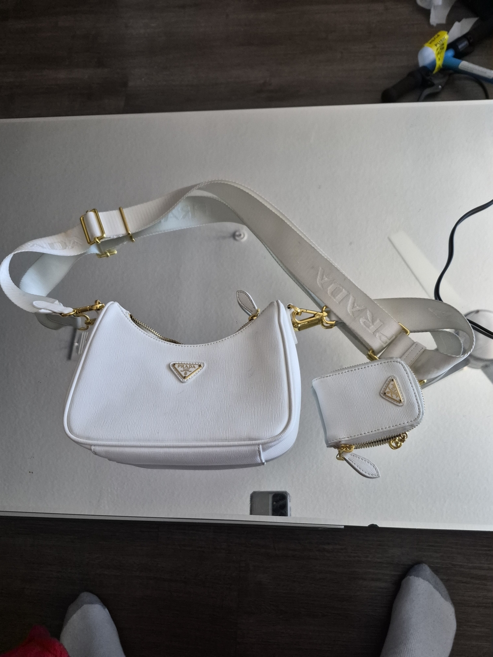 Prada White Saffiano Re-Edition Shoulder Bag with Coin Pouch